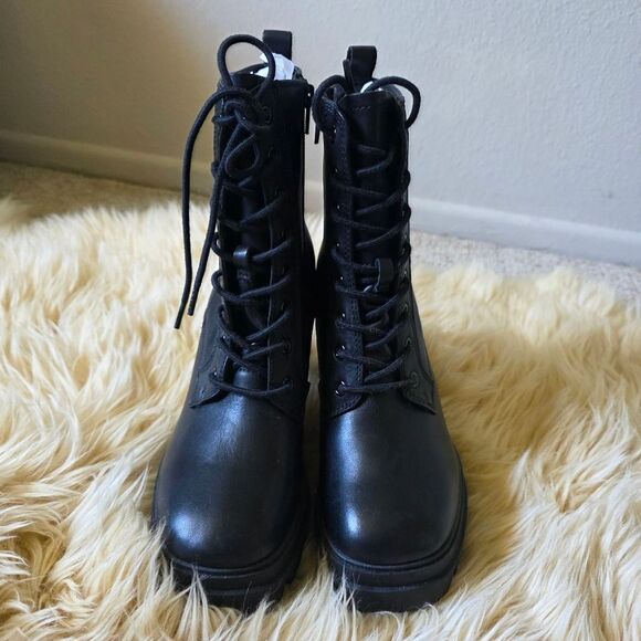 NWT Aldo Rebelia Black Leather Heeled Combat Boots Size 8 - Picture 3 of 10